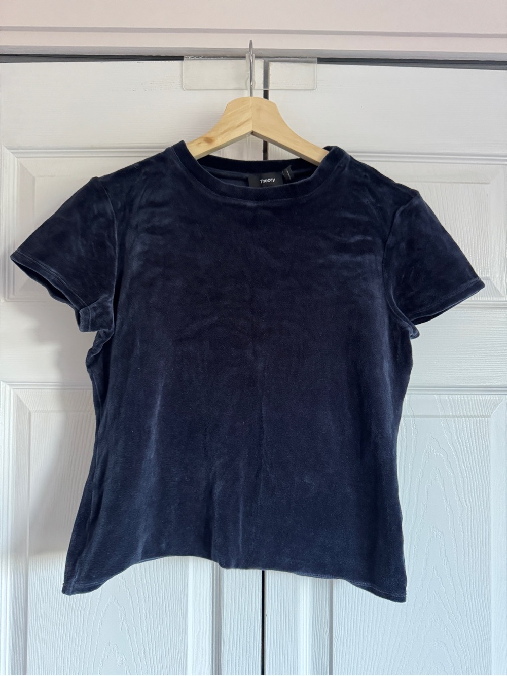 NWOT Theory Women's Short-Sleeve Velvet Tee in Navy Blue
